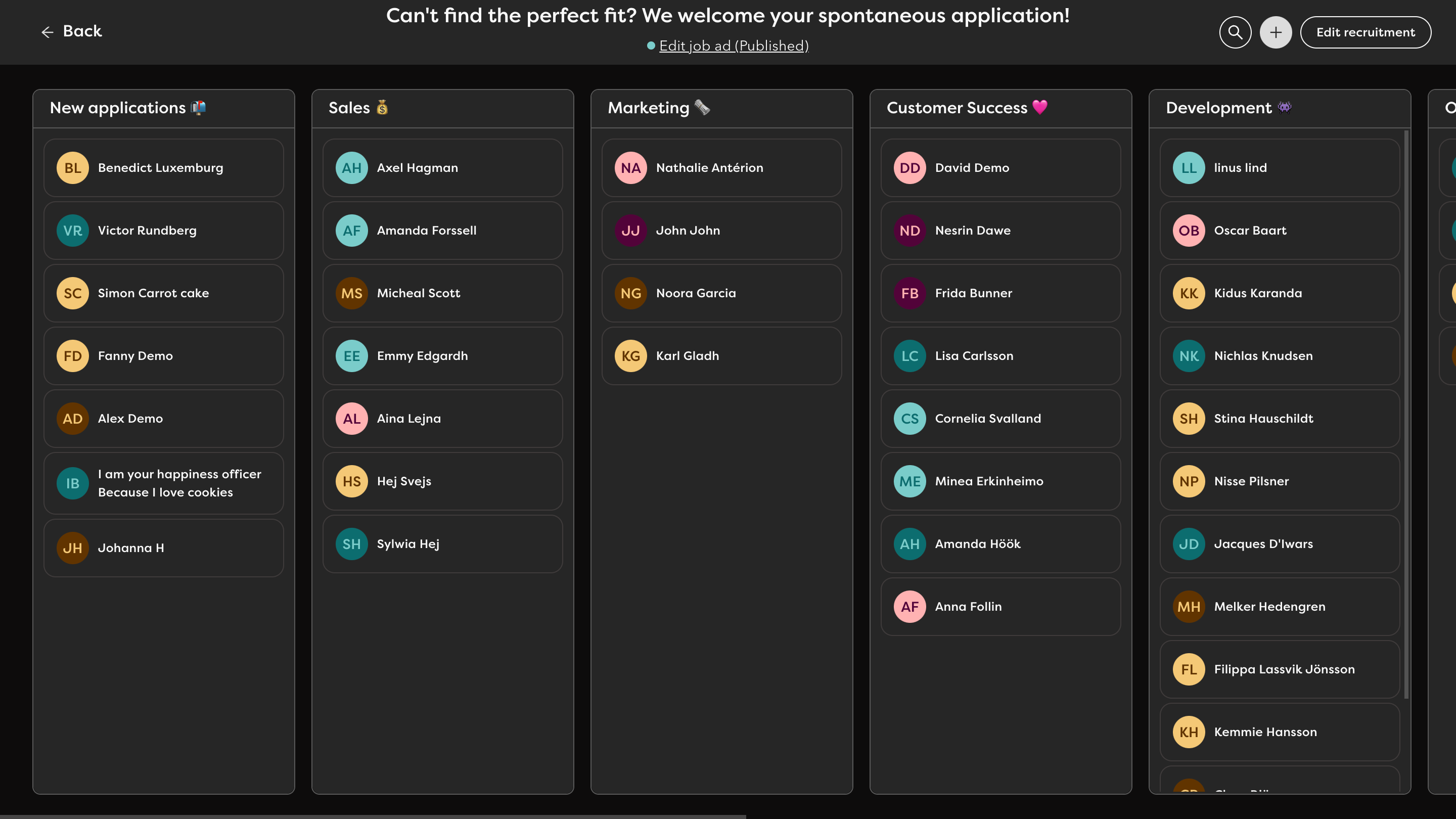 Applicant list screenshot